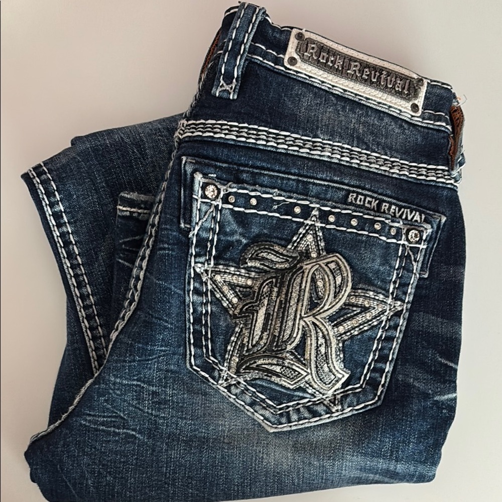 Rock Revival Blue Relaxed Jeans with Ornate Stitching